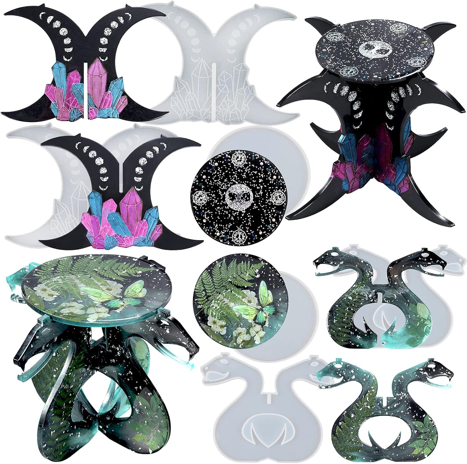 FUNSHOWCASE Witchy Altar Table Stool Epoxy Resin Casting Silicone Mold Pack of 2 Cresent Moon Crystal Snake