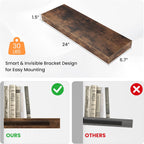 Floating Shelves for Wall, 24"W x 6.7"D x 1.5"H, Wooden Wall Mounted Display Shelf with Invisible Brackets for Living Room, Bedroom, Bathroom, Kitchen Decor and Storage, Set of 2, Rustic Brown