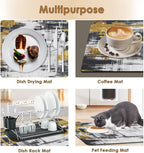 Arttown Coffee Mat for Countertops, Abstract Black Golden Minimalism Grey Dish Drying Mat 2 Pcs for Kitchen Bar Accessories, Coffee Maker Espresso Machine Dish Rack Hide Stain Rubber 12x19in