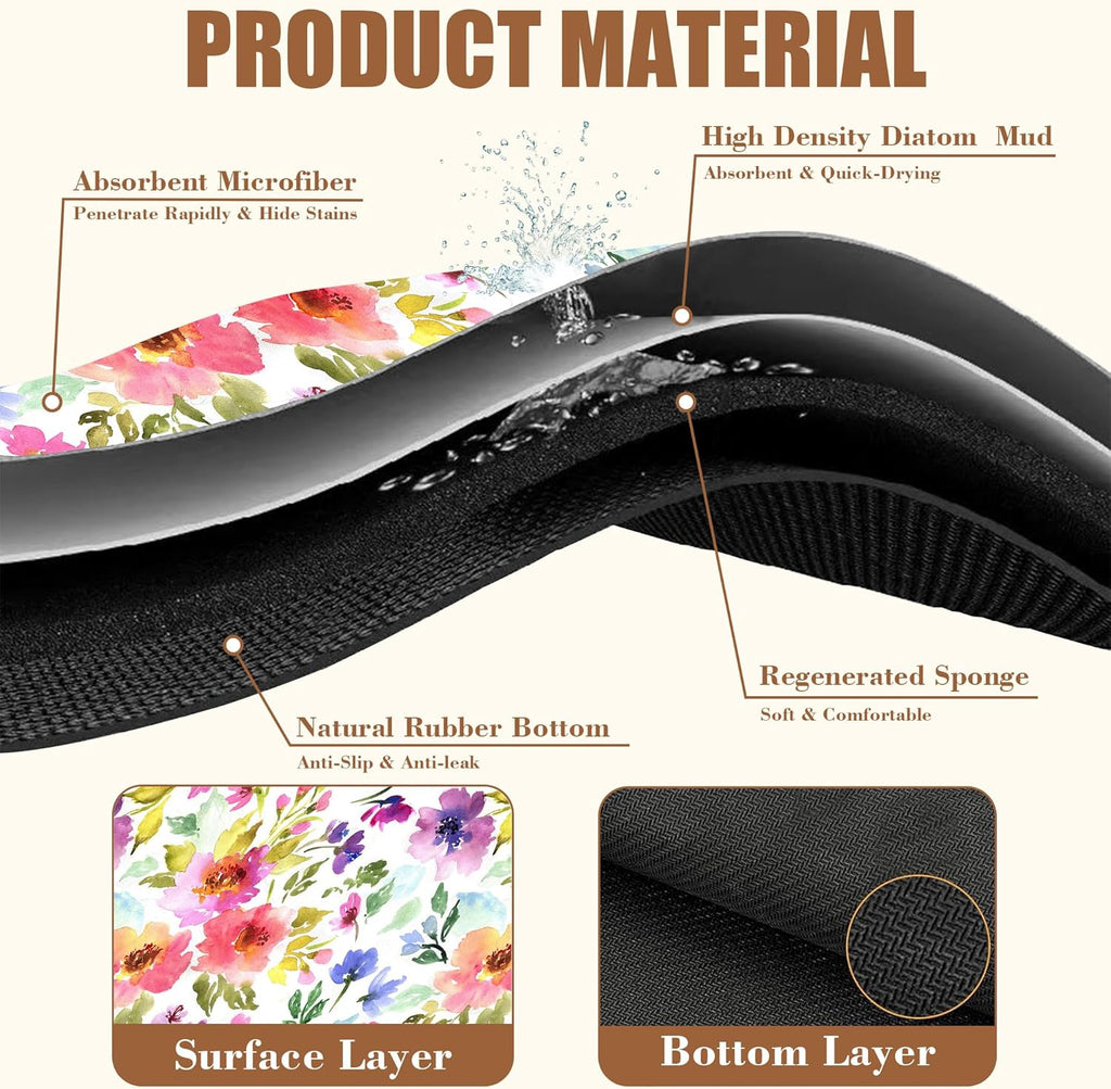 Floral Watercolor Dish Drying Mat Colorful Flowers Coffee Bar Mat for Countertop Hide Stain Rubber Backed Absorbent Dish Drainer Rack Pad Coffee Pot Espresso Machine Dining Room Decor 11.8 x 19.7 Inch