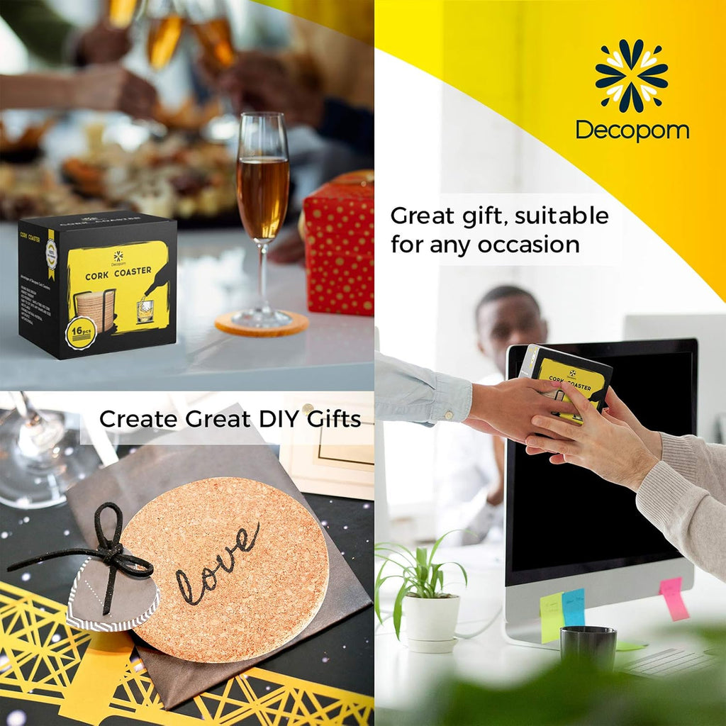 Cork Coasters for Drinks with Metal Holder - 16 Pcs Round 4 inch Drink Coaster Thick Absorbent Heat-Resistant Saucer - Used for Cold Hot Beverages Glasses Mugs Cups Plants Apartment Decor Bar Table