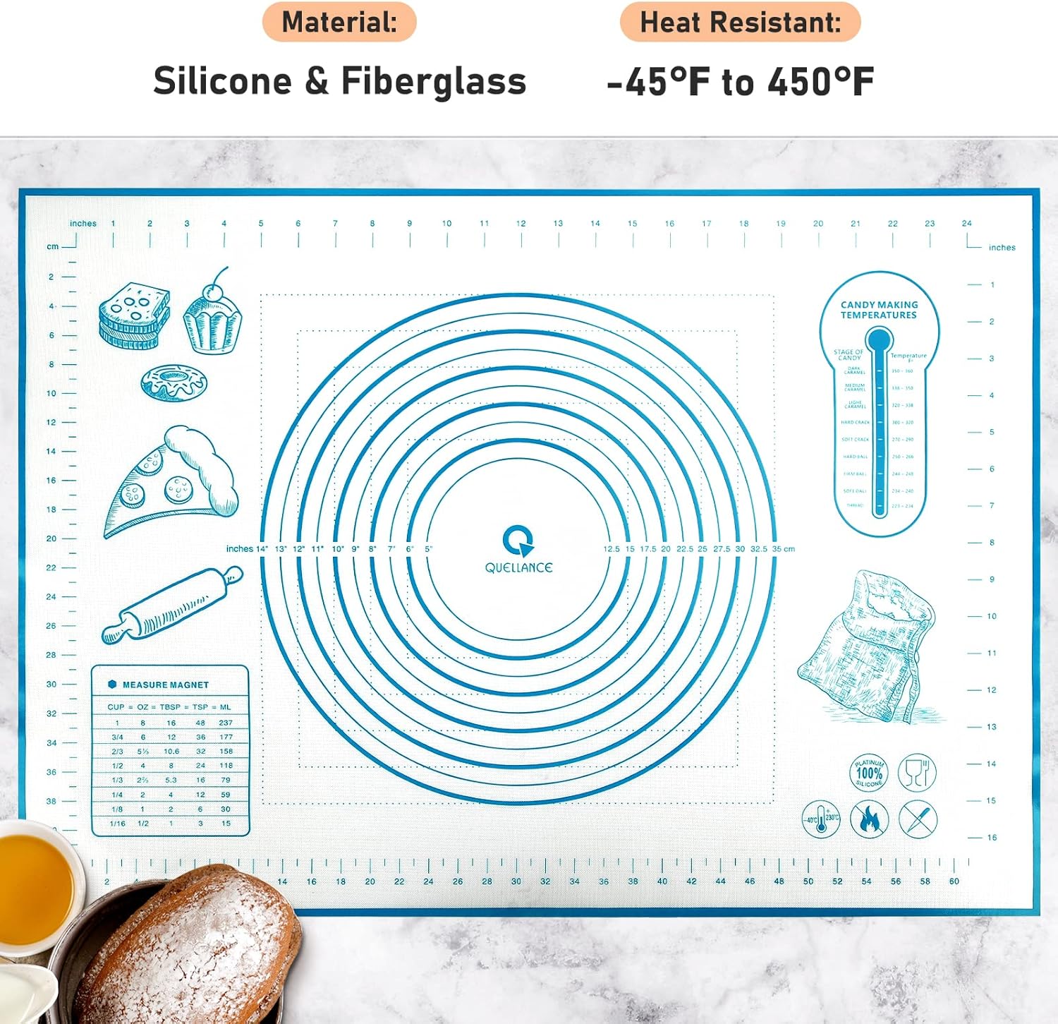 Silicone Baking Mat with Measurements, Pastry/Fondant/Dough Rolling Counter/Oven Liner Mat, 20''(W)28''(L) Blue