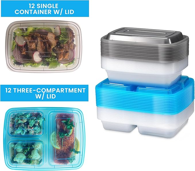 Food Storage Containers With Lids - (144 Pack-32 Oz) 72- 3 Compartment Meal Prep Containers Reusable Or Disposable & 72- Single Food Storage Bento Boxes, Bpa Free, Microwave, Freezer, Dishwasher Safe