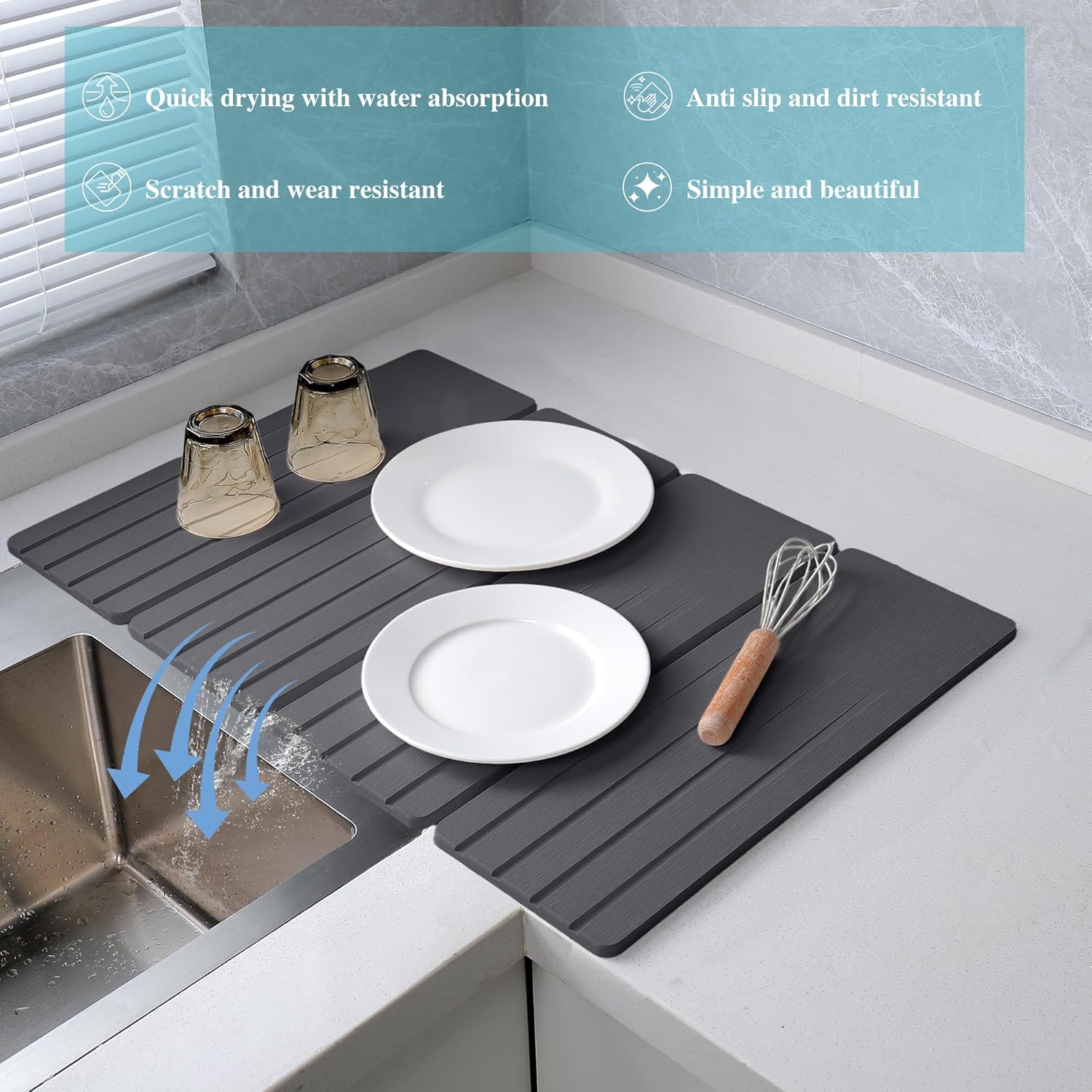 Extral Large Quick Dry Stone Drying Mat for Kitchen Counter,28x16 Inch Collapsible Eco-Friendly Absorbent Diatomaceous Earth Mat for Dishes Cups (Deep Gray-Upgraded Version, 24x16 inch)