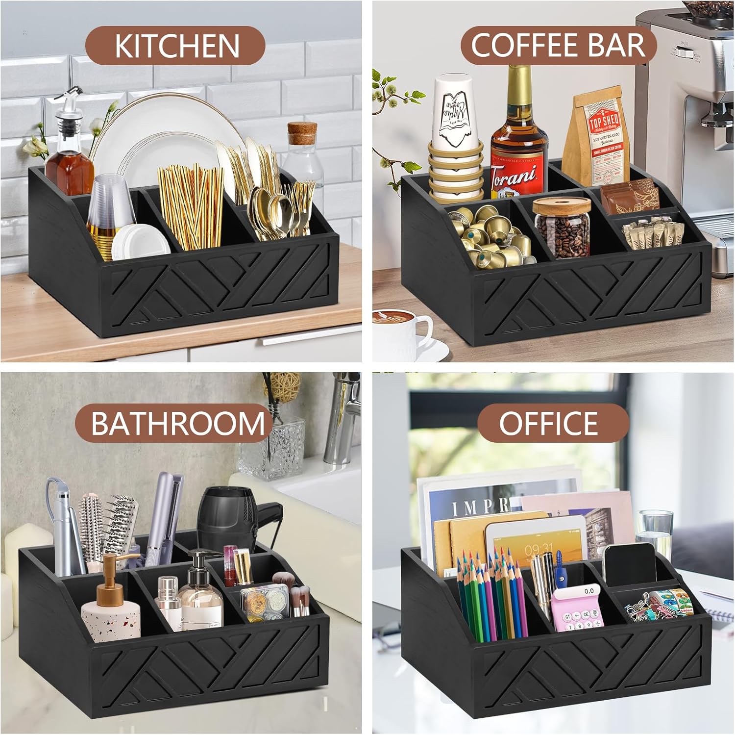 Coffee Pod Holder and Bar Accessories, Wood Station Organizer for Decor, Syrup and Condiment Organizer, Black