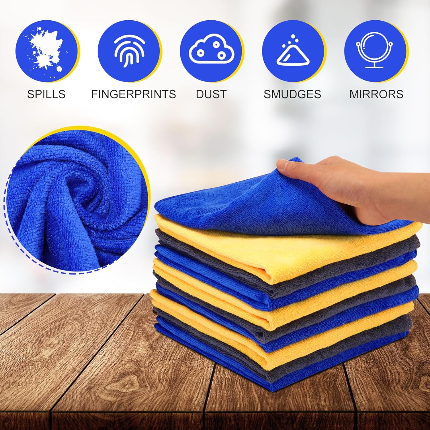 Nuenen Microfiber Cleaning Cloths for Cars 16 x 16 Inch Ultra Absorbent Car Towels Drying Reusable Cleaning Supplies House Kitchen Window Microfiber Towel(Blue, Gray, Yellow,60 Pcs)