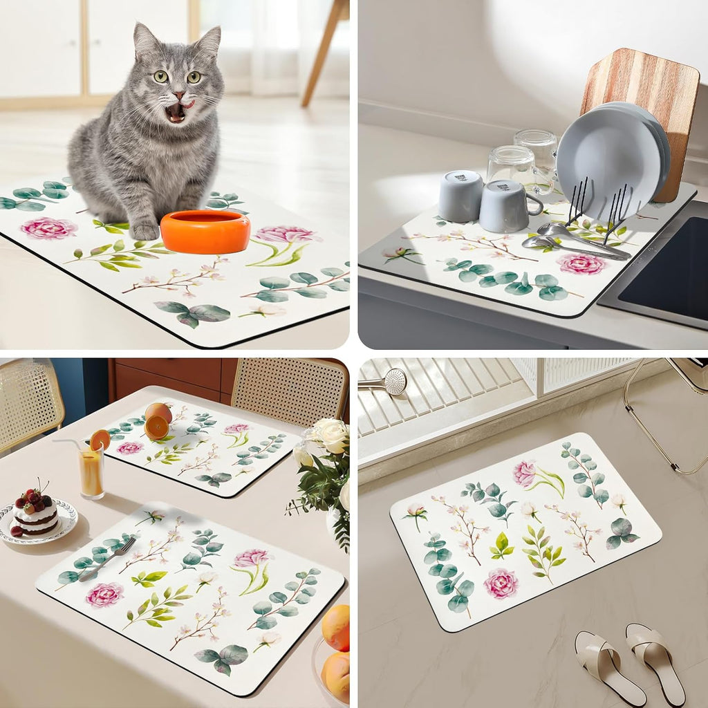 Bloss Mat for Coffee Station, Dish Drying Mat, Kitchen Counter Mat, Absorbent Water Hide Stain Rubber Backed Dish Drying Pad(24"x16", Rose)