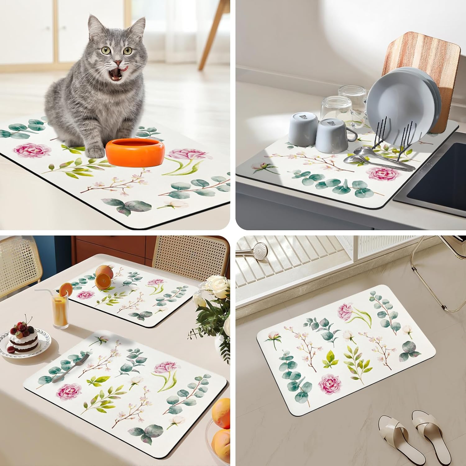 Bloss Mat for Coffee Station, Dish Drying Mat, Kitchen Counter Mat, Absorbent Water Hide Stain Rubber Backed Dish Drying Pad(24"x16", Rose)