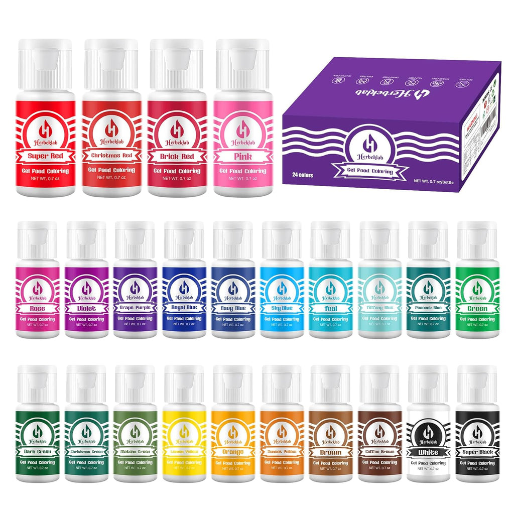 Gel Food Coloring - Herbeklab 24 Colors x 0.7 oz Concentrated Gel Based Food Dye Vibrant Icing Colors Neon Food Color for Baking Cake Decorating Cookies