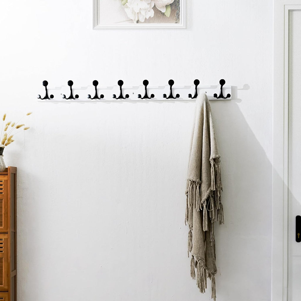 SKOLOO 43-Inch White Wood Coat Rack Wall Mount with 8 Triple Hooks - Ideal for Family Entrances, Classrooms, and Pet Supplies Storage - Perfect Coat Hooks for Wall, Pack of 2