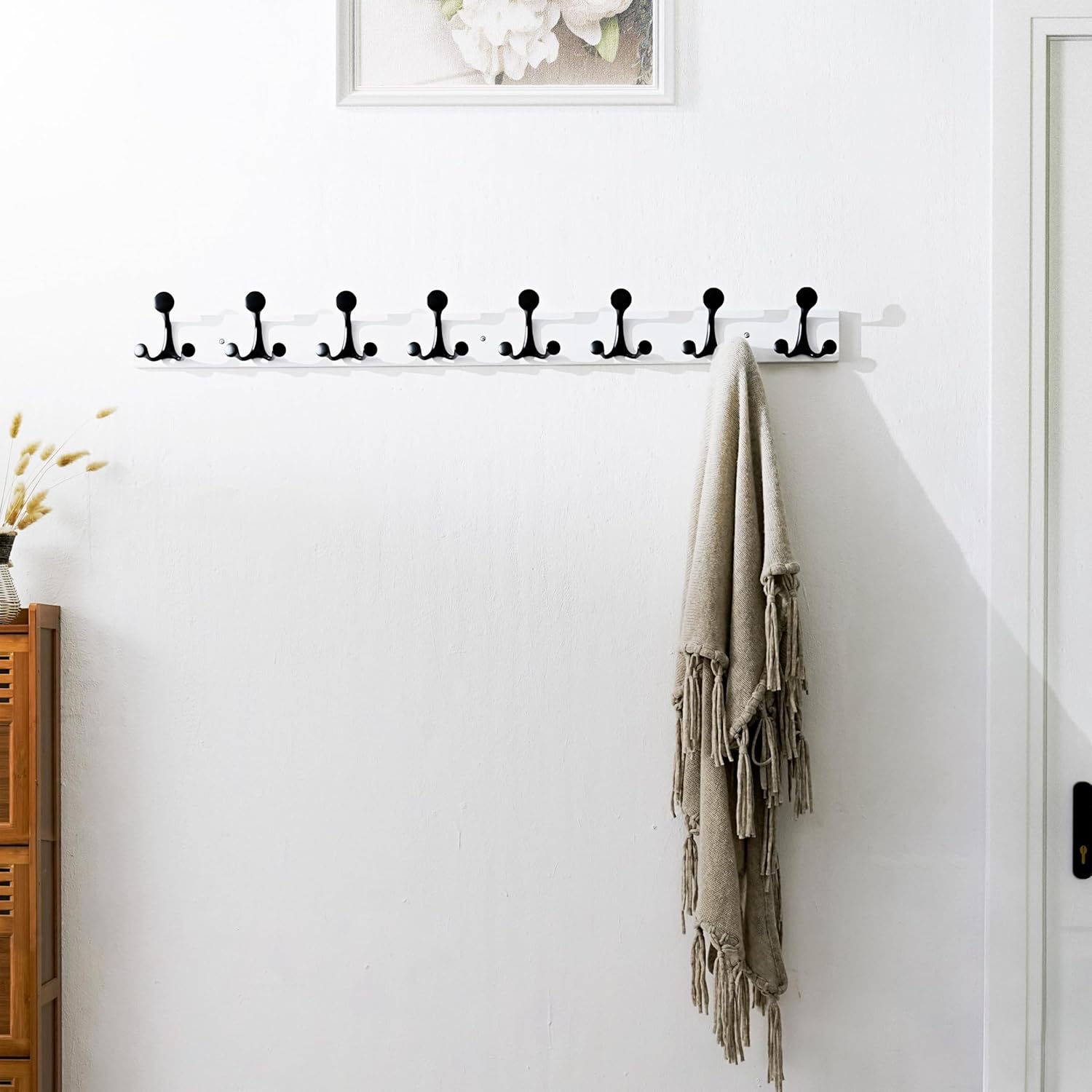 SKOLOO 43-Inch White Wood Coat Rack Wall Mount with 8 Triple Hooks - Ideal for Family Entrances, Classrooms, and Pet Supplies Storage - Perfect Coat Hooks for Wall, Pack of 2