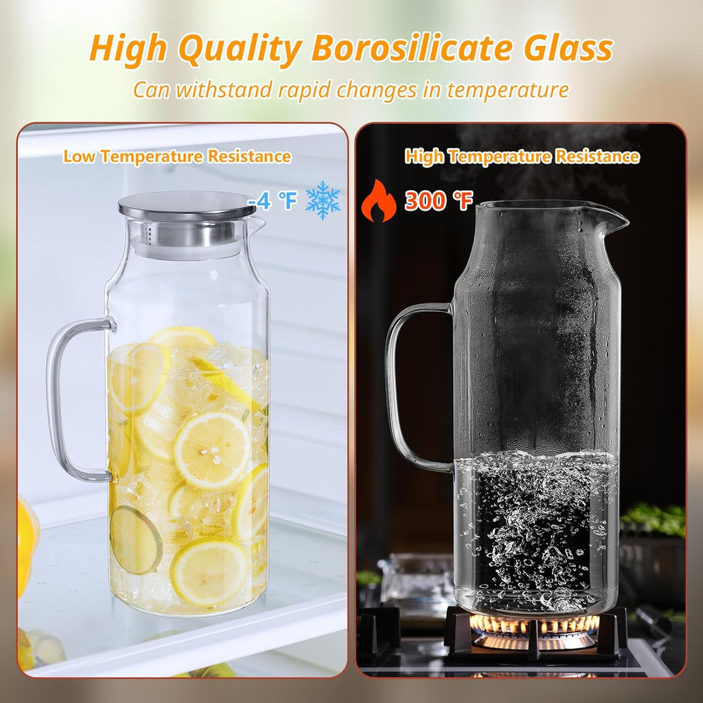 2 Liter 68 oz Glass Pitcher with Lid and Spout, Glass Water Pitcher for Fridge, Glass Carafe for Hot/Cold Water, Large Jug for Iced Tea, Coffee, Juice and Homemade Beverage