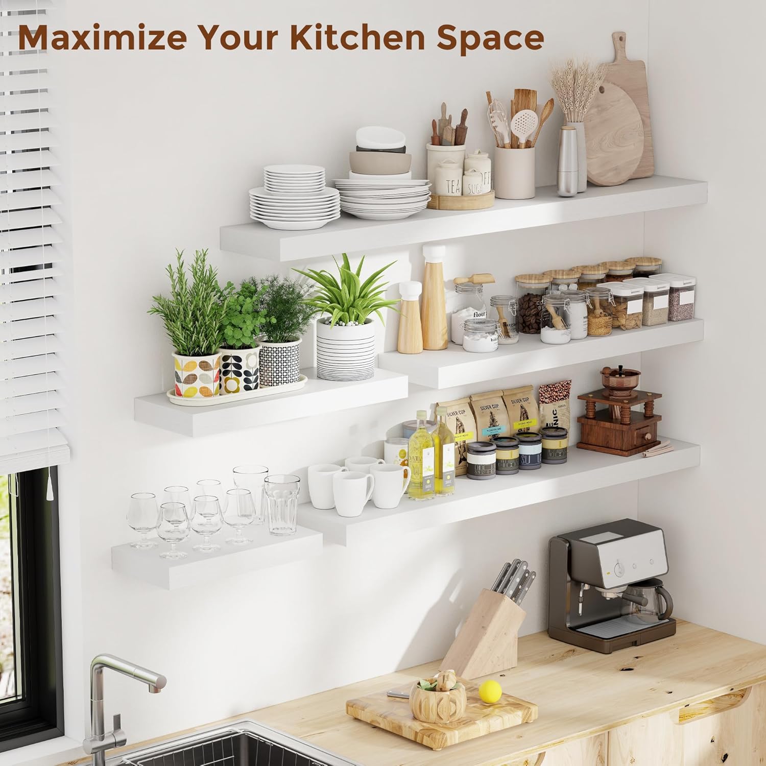 Heimlove 55 Inch Floating Shelves for Wall 8 Inch Deep White Shelves Set of 2,Wall Mounted Rustic Wood Long Floating Shelf，Large Extra Display & Storage Shelf with Invisible Brackets