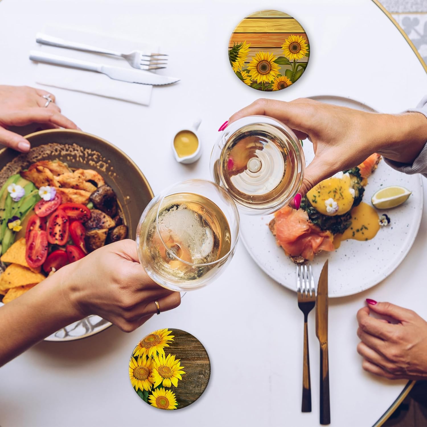 Table Coaster for Drinks Set of 6, Vintage Sunflower Wood Round Ceramic Coasters,with Cork Base and Metal Holder,Great Housewarming Birthday Gifts,Home Decor