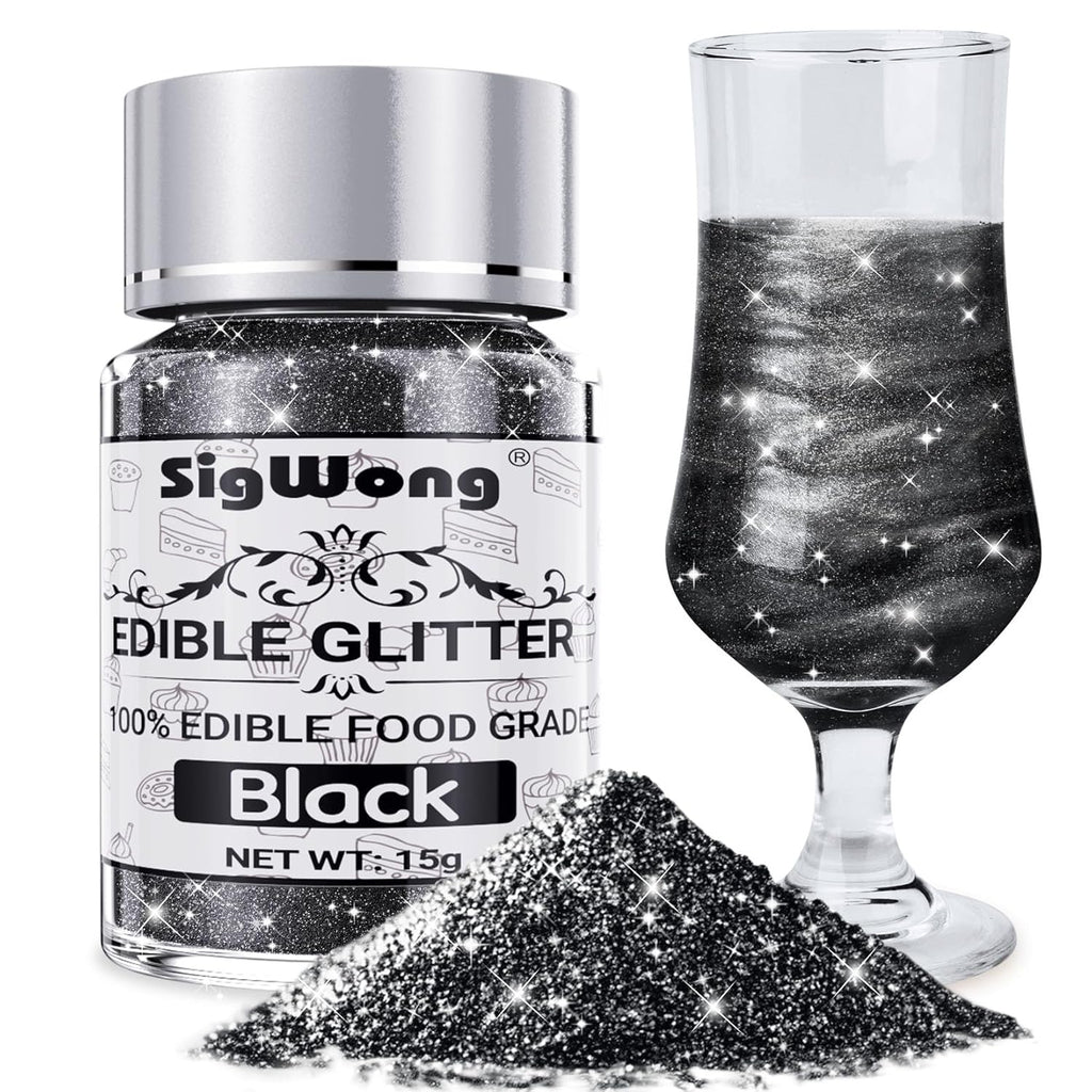 Black Edible Glitter - 15g Food Grade Luster Dust Powder, Cake Decorating Sprinkle Glimmery Dust for Drinks, Wine, Fondant, Chocolate, Candy, Cookie, Vegan