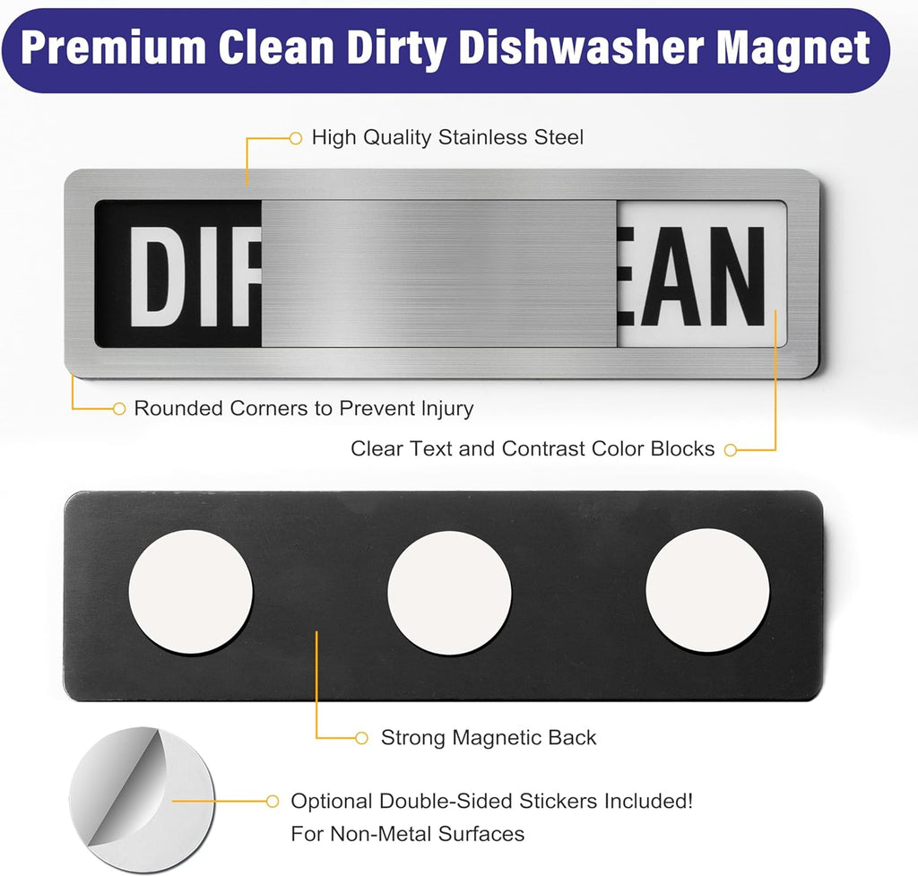 Dishwasher Clean Dirty Sign-Dishwasher Magnet Stainless Steel Clean Dirty Sign for Kitchen Organization Farmhouse Dishwasher Slide Indicator, Optional Adhesive Stickers