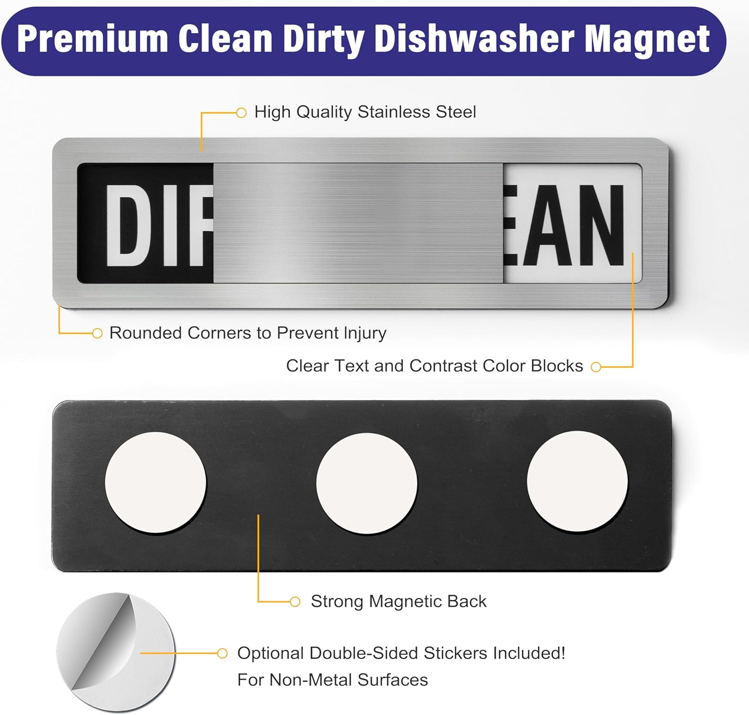 Dishwasher Clean Dirty Sign-Dishwasher Magnet Stainless Steel Clean Dirty Sign for Kitchen Organization Farmhouse Dishwasher Slide Indicator, Optional Adhesive Stickers