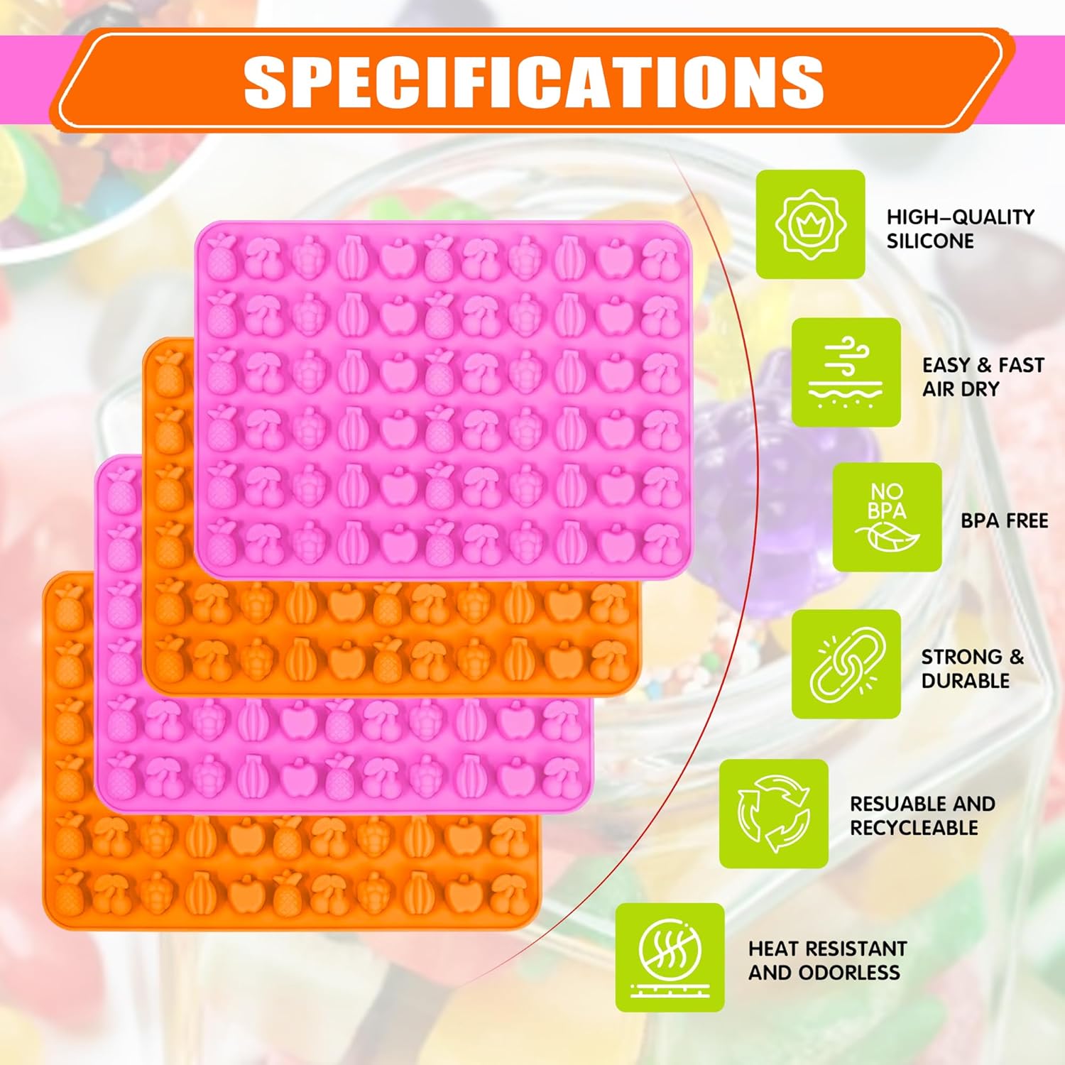 Set of 8 Fruit Snack Molds Silicone Bpa Free, Gummy Molds Trays for Candy Chocolate Gummies Baking - with 2 Dropper & 2 Cleaning Brush(Cherries Grape Banana Apple Pineapple)