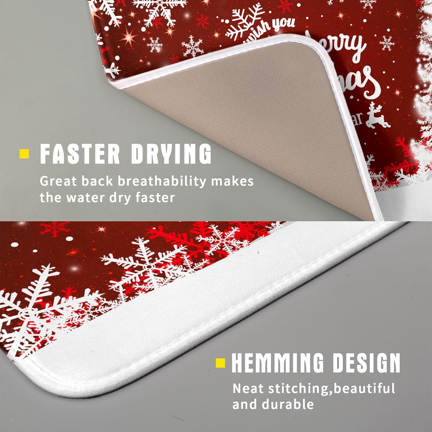 Happy New Year Red Dish Drying Mat for Kitchen Counter,Merry Christmas Tree Snowflake Drying Mat 16 x 18 Inch with High Absorbent Reversible Microfiber Dish Drying Pad Drainer Mat for Coffee Bar