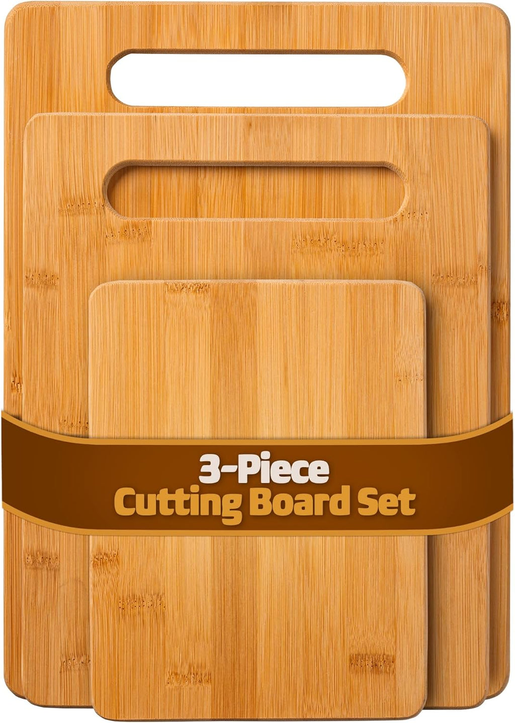 3 Piece Cutting Board Set - Reversible Bamboo Wood Cutting Boards for Kitchen, Chopping Meat, Vegetables, Fruit, Cheese, Charcuterie - Assorted Sizes with Handles for Meal Prep & Serving, Kitchen Gift