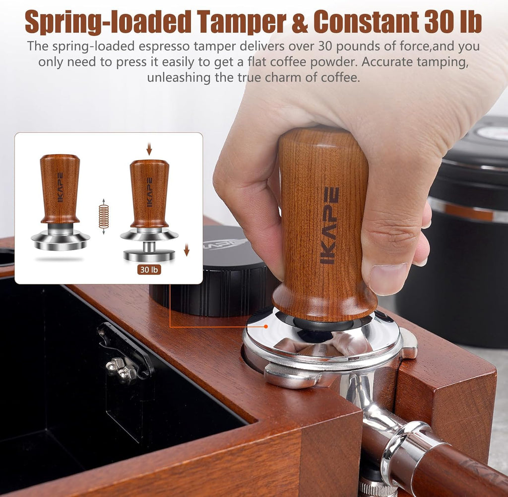 IKAPE 58.35mm Espresso Coffee Tamper, Spring-loaded Calibrated Tamper with Premium Stainless Steel, Newly Upgraded Walnut Tamper Compatible with Over 58MM Espresso Machine Bottomless Portafilter