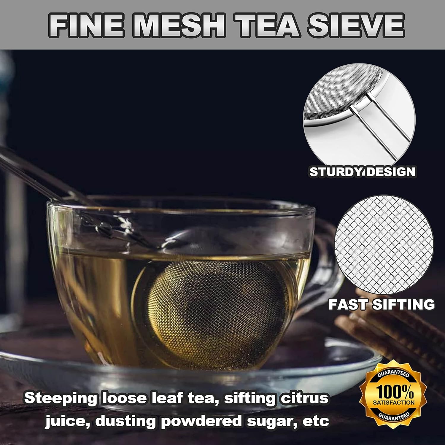 Anaeat Fine Mesh Strainers - Premium Stainless Steel Colander Sieve Sifters, with Durable Mesh and Sturdy Handle, Excellent for Sifting Dry ingredients, Flour, Pastas, Rice, Tea (3.15"）