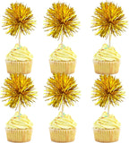 Gyufise 30Pcs Foil Firework Cupcake Toppers Sparkle Tinsel Cake Toppers Tinsel Drink Cake Decoration Cocktail Picks for Birthday Wedding Graduation Party Supplies Dark Gold