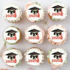 Gyufise 48Pcs Edible 2025 Graduation Cap Cupcake Toppers Wafer Paper Class of 2025 Grad Cap Cupcake Picks for 2025 Graduation Theme Party Cake Decorations Supplies Red