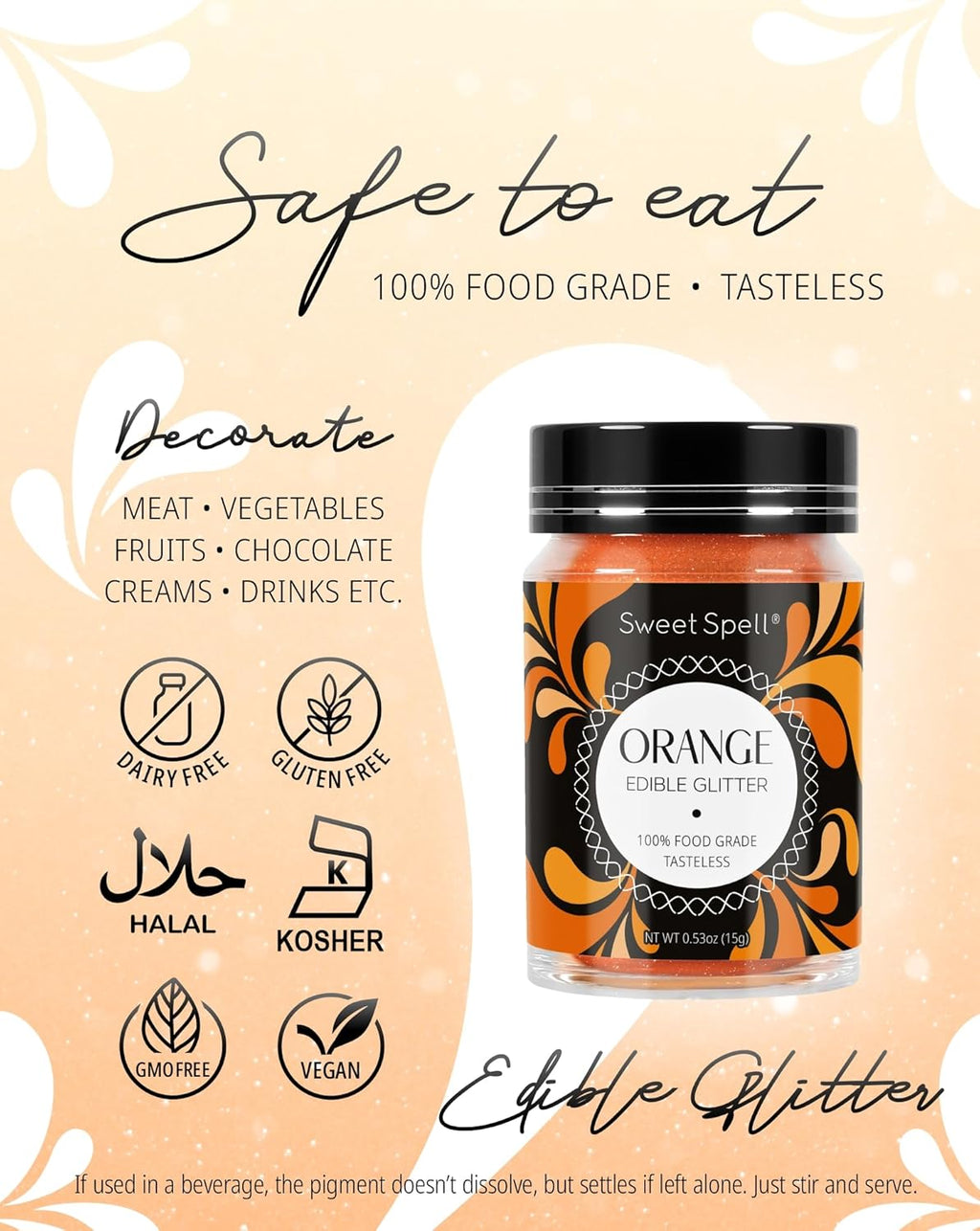 Sweet Spell Edible Glitter (15g) - Shimmer Sparkles for Drinks, Cakes, Cocktails - 100% Edible & Food Grade Glitter, Vegan, Gluten-Free (Orange)