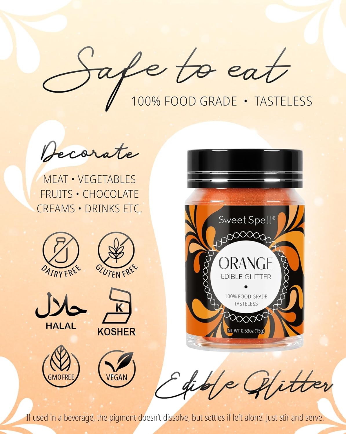 Sweet Spell Edible Glitter (15g) - Shimmer Sparkles for Drinks, Cakes, Cocktails - 100% Edible & Food Grade Glitter, Vegan, Gluten-Free (Orange)