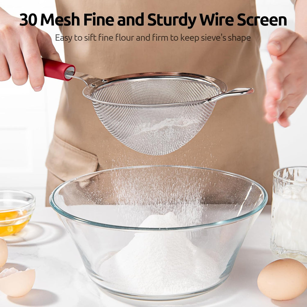 U-Taste Medium Fine Mesh Strainer: 18/8 Stainless Steel 4.73in 30 Mesh Kitchen Food Sieve with Sturdy Riveted Silicone Handle, Heavy Duty Deep Handheld Metal Colander for Rice, Quinoa, Flour (Red)