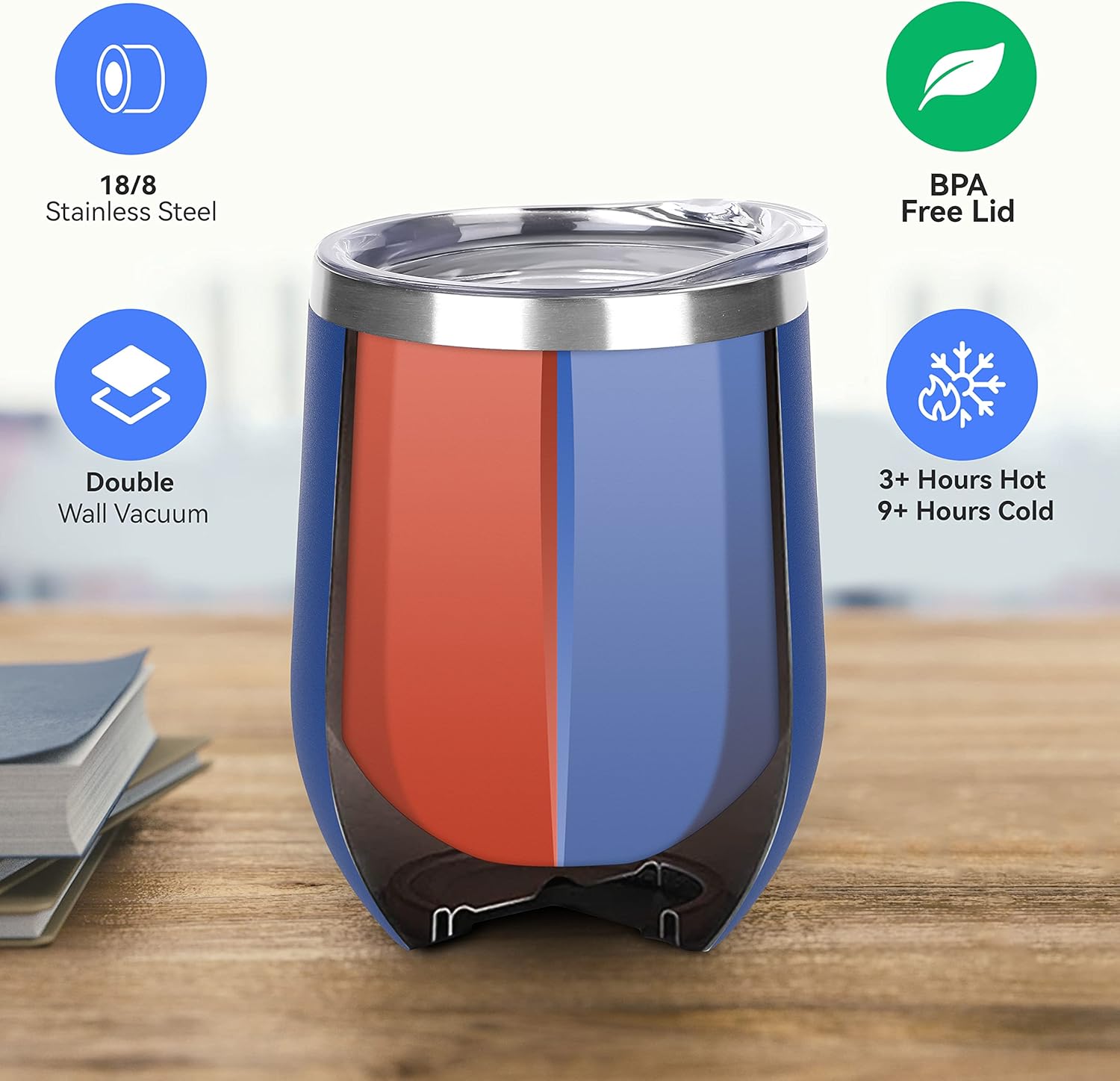 DOMICARE Stainless Steel Wine Tumbler Bulk with Lid, Personalized Insulated Tumblers Set, 12oz Travel Coffee Cups Pack of 1, Dark Blue