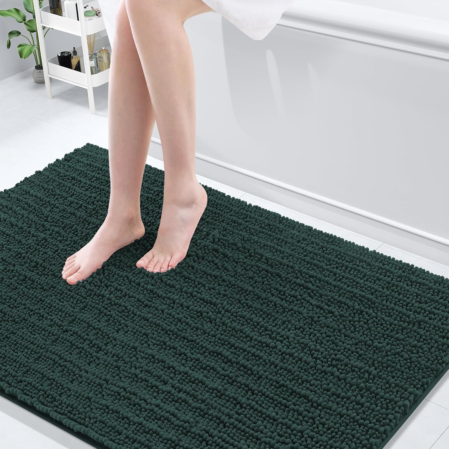 Arotive Luxury Chenille Bathroom Rug Mat, Extra Soft Thick Absorbent Shaggy Bath Rugs, Non-Slip Machine Wash Dry, Plush Bath Mats for Bathroom, Shower and Tub, 59x35, Dark Green