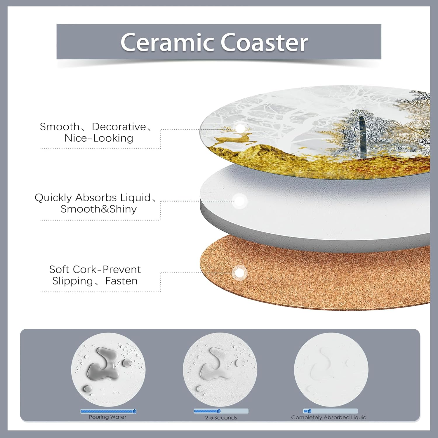 Drink Coasters Set of 6 with Holder,Golden Deer Forest Mountain Absorbent Ceramic Coasters with Cork Base,Fit All Cups,Tabletop Protection Mat for Mugs and Cups,Office,Kitchen