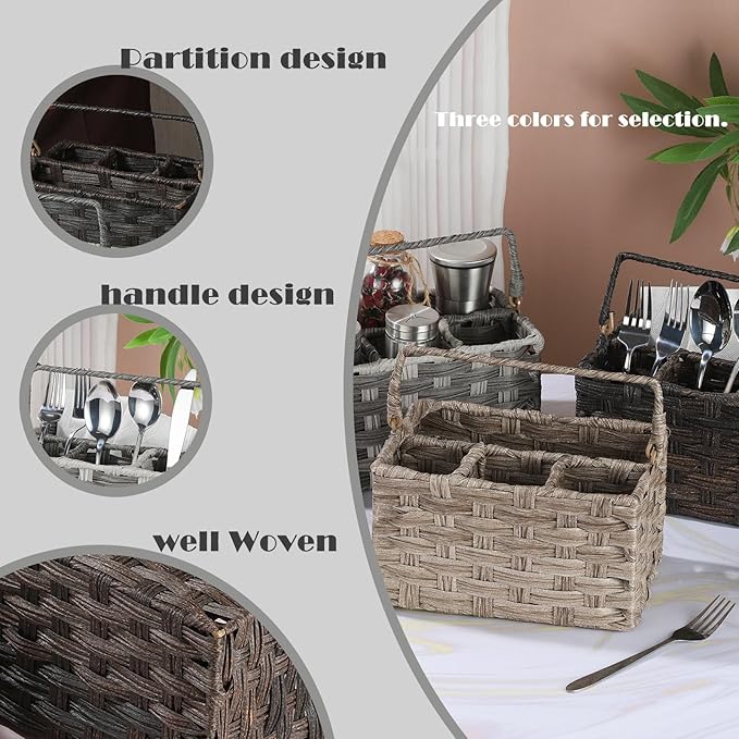 Silverware Holder for Party Plastic Utensil Holder Wicker Silverware Caddy Cutlery Holder with Handle Spoon and Fork Organizer Light Gray Utensil Caddy for Kitchen Counter