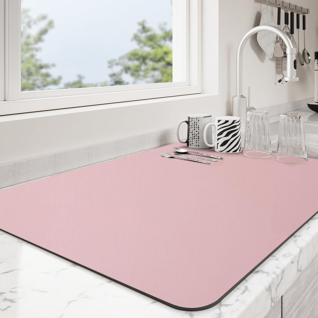 Dish Drying Mat for Kitchen Counter | Coffee Bar Mat for Countertops | Heat Resistant Drainer Mat with Non-slip Rubber Backed | Hide Stain Kitchen Absorbent Draining Mat | Pink 18"x28"