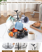 Rotating Mug Tree for Countertop | Decorative Bird & Nest Mug Holder with Storage Basket | Holds 6 Mugs & Pods | 360° Spinning Coffee Cup Rack for Kitchen, Coffee Bar Accessories & Home Décor