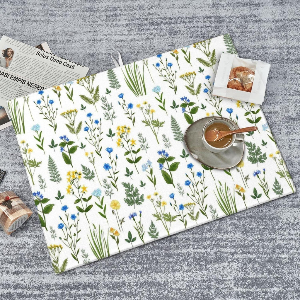 Blue Yellow Wildflower Dish Drying Mats for Kitchen Counter, Vintage Botanic Fern Leaves Floral Kitchen Drainer Pad, 18" x 24" Absorbent Microfiber Washable Reusable Dish Draining Mats, Home Decor