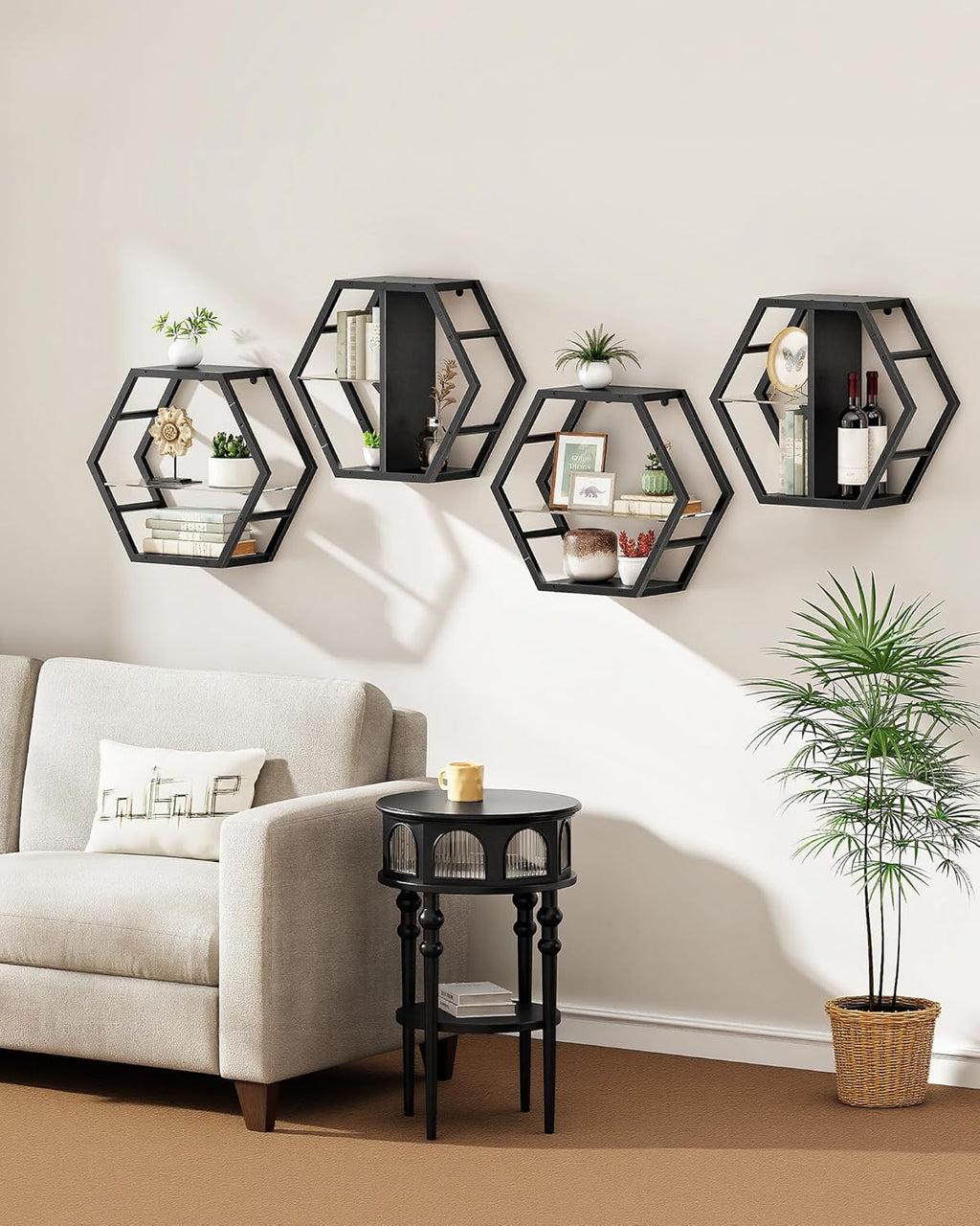 Hexagon Floating Shelves Set of 2, Glass Hanging Shelves for Wall Decor, Industrial Style Wall Storage Rack and 12 S-Hooks, for Living Room, Bedroom, Office, Game Center, Black TBJ08BB