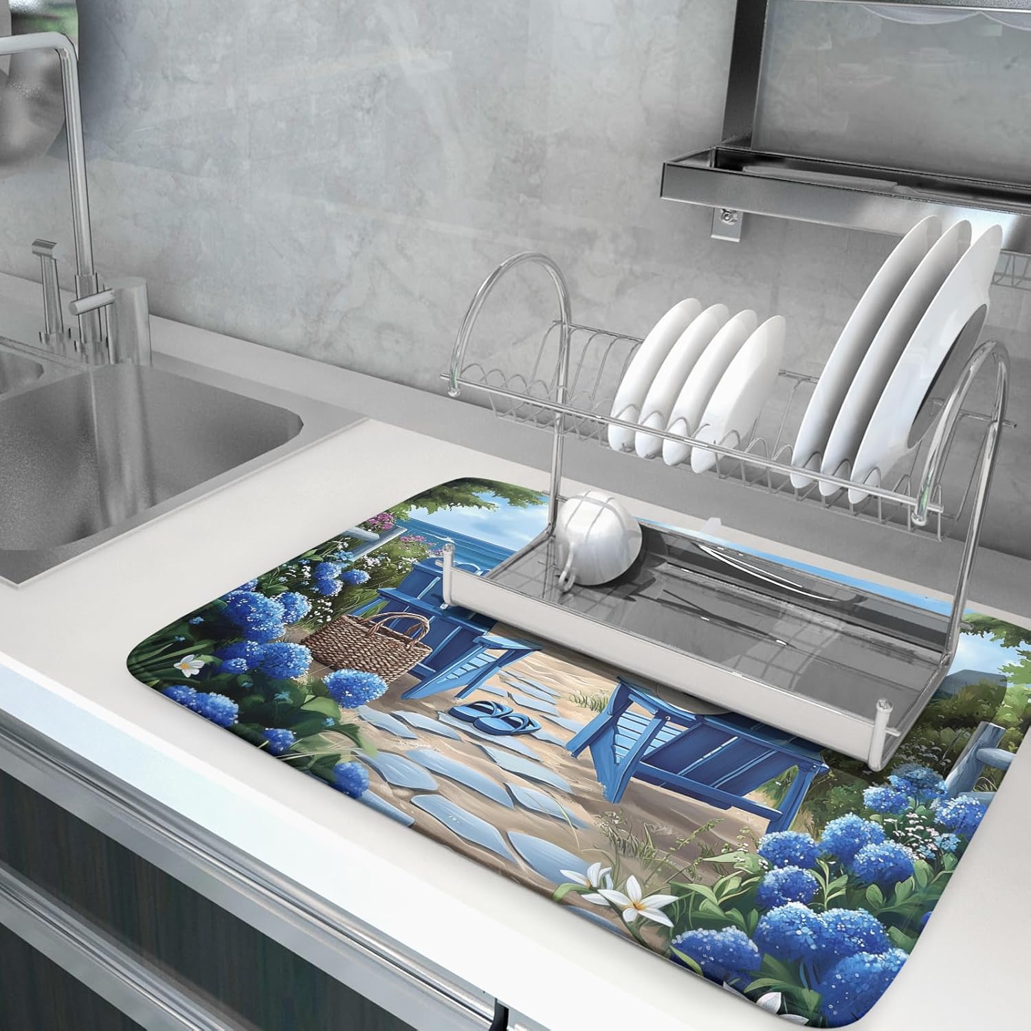 Summer Beach Chairs Dish Drying Mat Sea Wave Blue Floral Drying Mat fo Kitchen Counter 16”x18” Absorbent Reversible Kitchen Mat Non-Slip Ocean Themed Dish Drainer Rack Mat for Countertop Coffee Bar