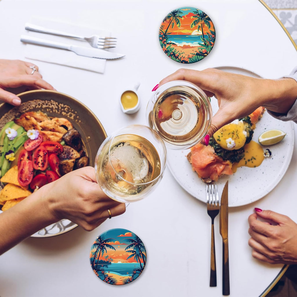 Drink Coasters Set of 6 with Holder, Palm Trees Beach Sunset Absorbent Ceramic Drink Coaster for Tabletop Protection,Suitable for Kinds of Cups,Drinks Coasters for Home Office Decoration(4 Inches)