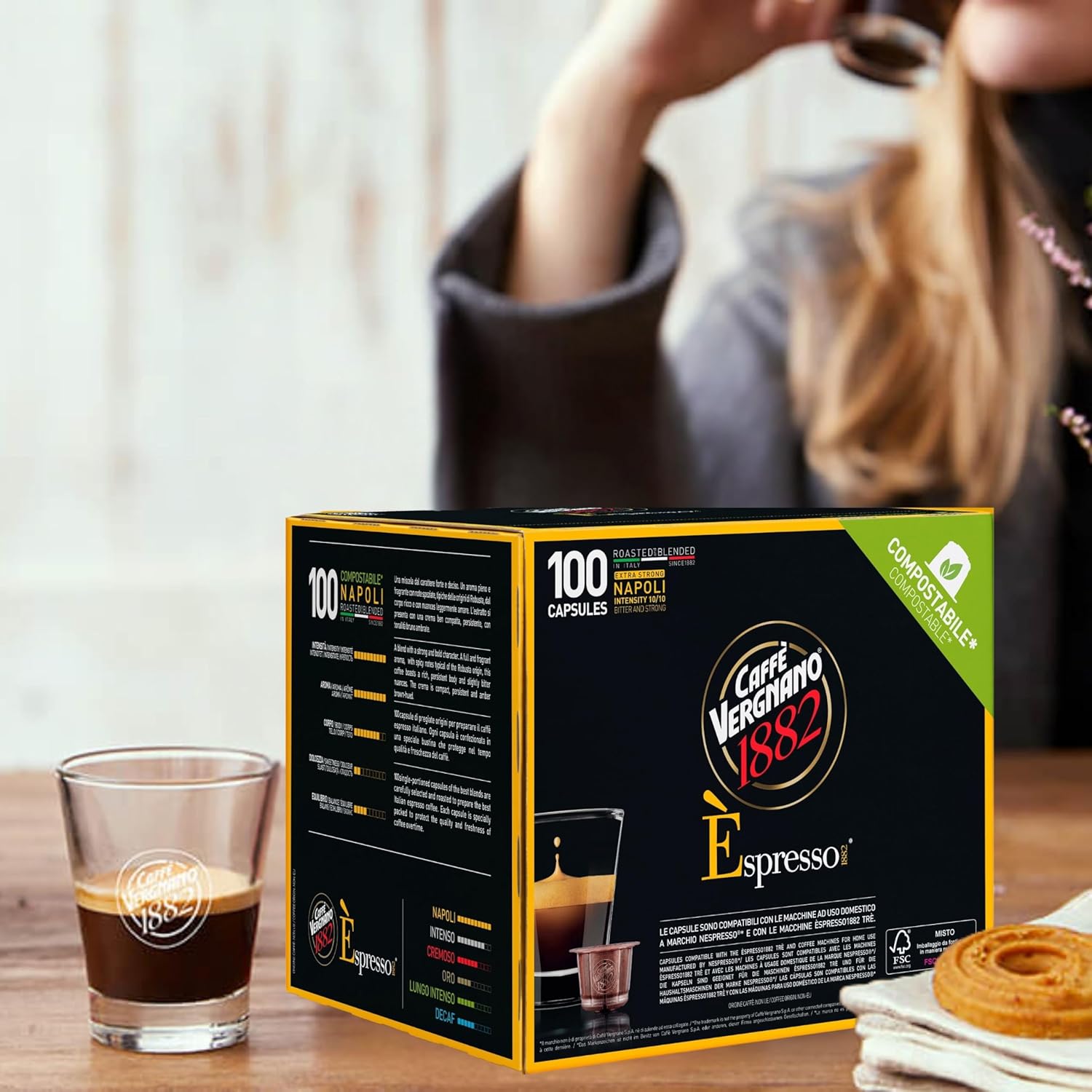Caffe' Vergnano 1882 Medium Roast Espresso Original Line Machine Compatible Capsules, Single-Serve Arabica Robusta Espresso Coffee, Italian Coffee for Nespresso Machine, Intensity 10/10, Napoli, 100 Ct