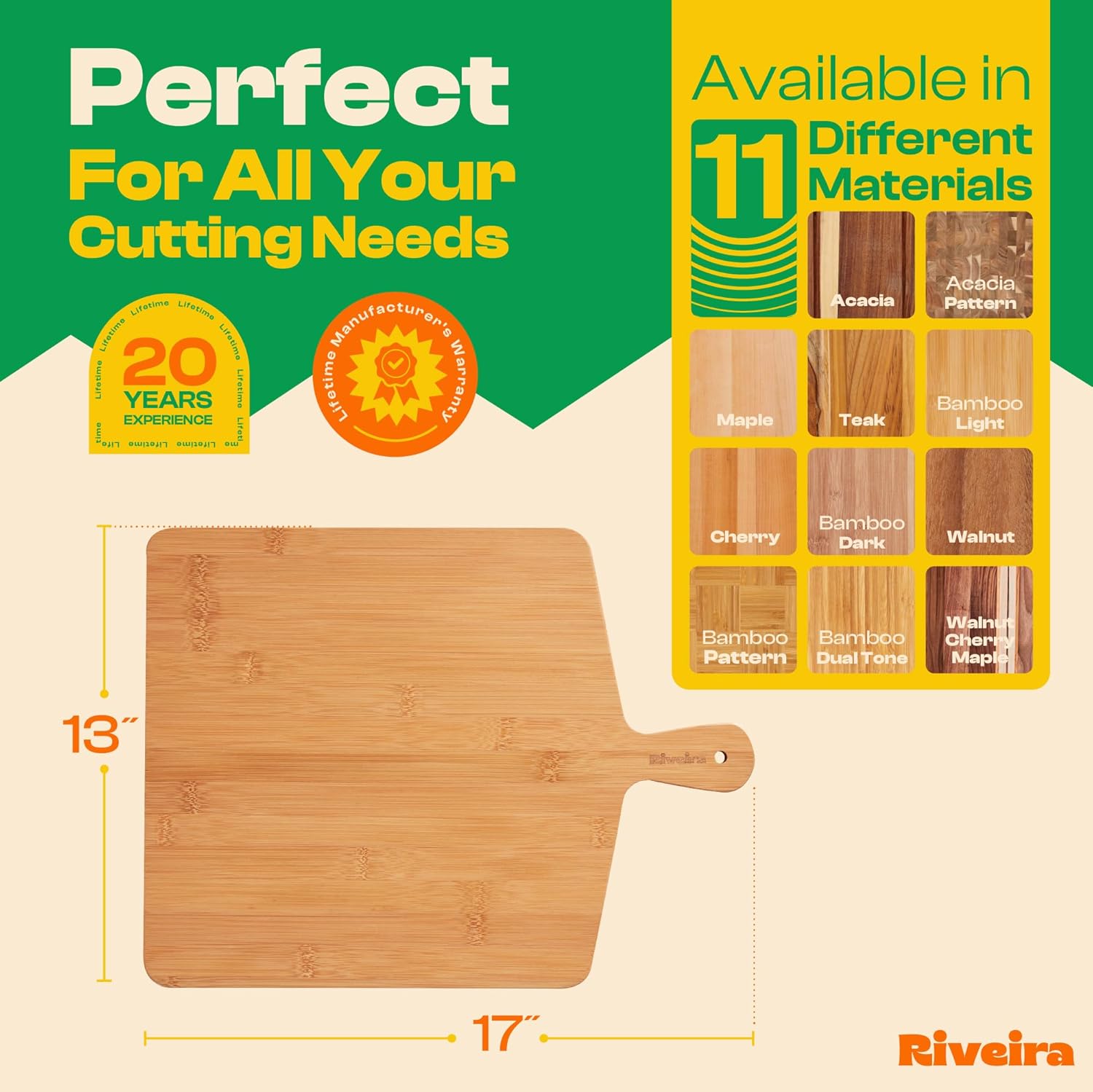 Riveira White Bamboo Wood Cutting Board – Gourmet Bamboo Grandeur: 17 x 13 Wooden Cutting Board – Wooden Cutting Boards For Kitchen Decorative – Innovative Juice Grooves Wooden Chopping Board