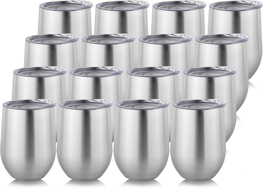 DOMICARE Stainless Steel Wine Tumbler Bulk with Lid, Personalized Insulated Tumblers Set, 12oz Travel Coffee Cups Pack of 16, Stainless steel