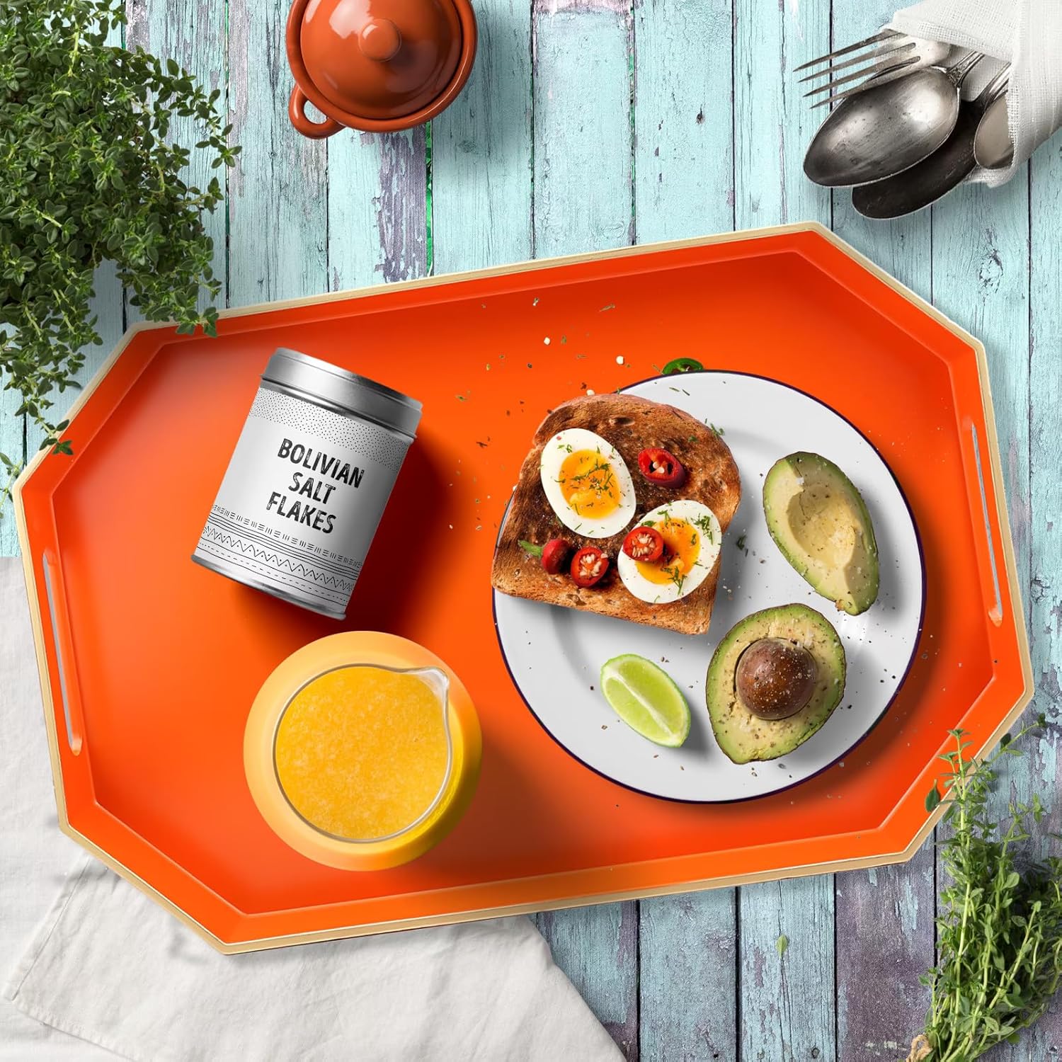 Orange Decorative Tray with Handles, Versatile Serving Tray for Coffee Table, Ottoman, Ideal for Serving, Displaying, Organizing, 15.7"*10.2"*1.57"