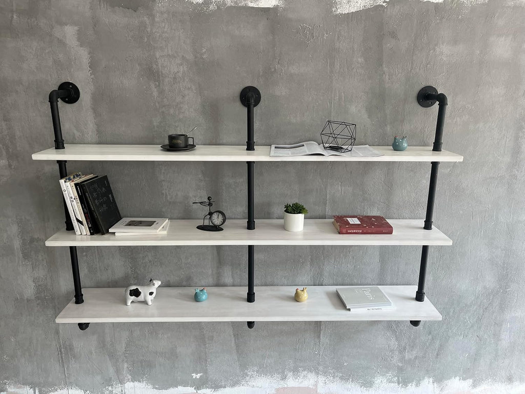 Industrial Pipe Shelving Rustic White Pipe Wall Shelves Industrial Shelves with Wood Planks Floating Shelves 60 Inch Farmhouse Bathroom,Kitchen Shelving Wall Mounted