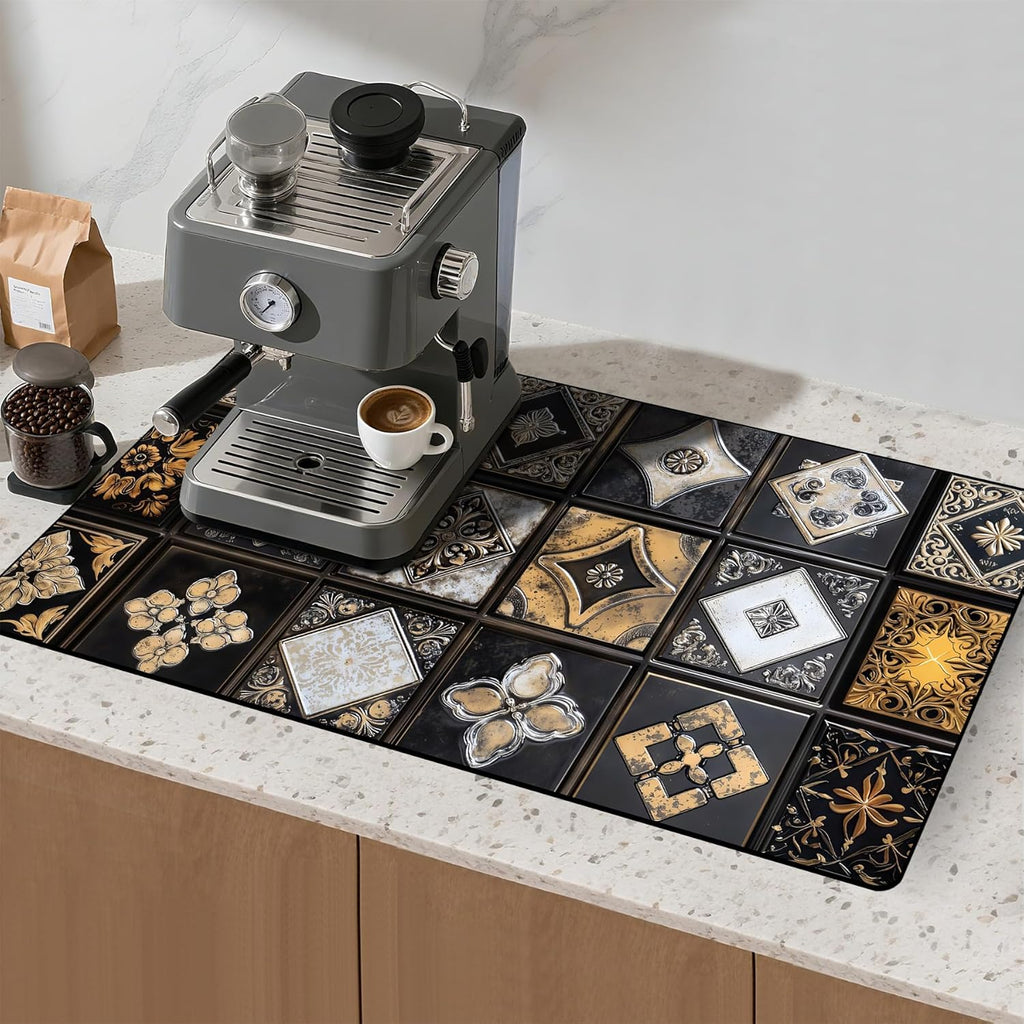 17"x 32" Coffee Bar Mat, Gingham Absorbent Dish Drying Mat Cuttable Hide Stain Draining Table Pad for Kitchen Counter, Coffee Bar Accessories