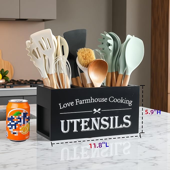 Kitchen Utensil Holder,Farmhouse Wooden Utensil Holder For Kitchen Counter,Large Cooking Spatula Organizer,Big Storage With 3 Compartments Flatware Spoon Tool Cutlery（Black）