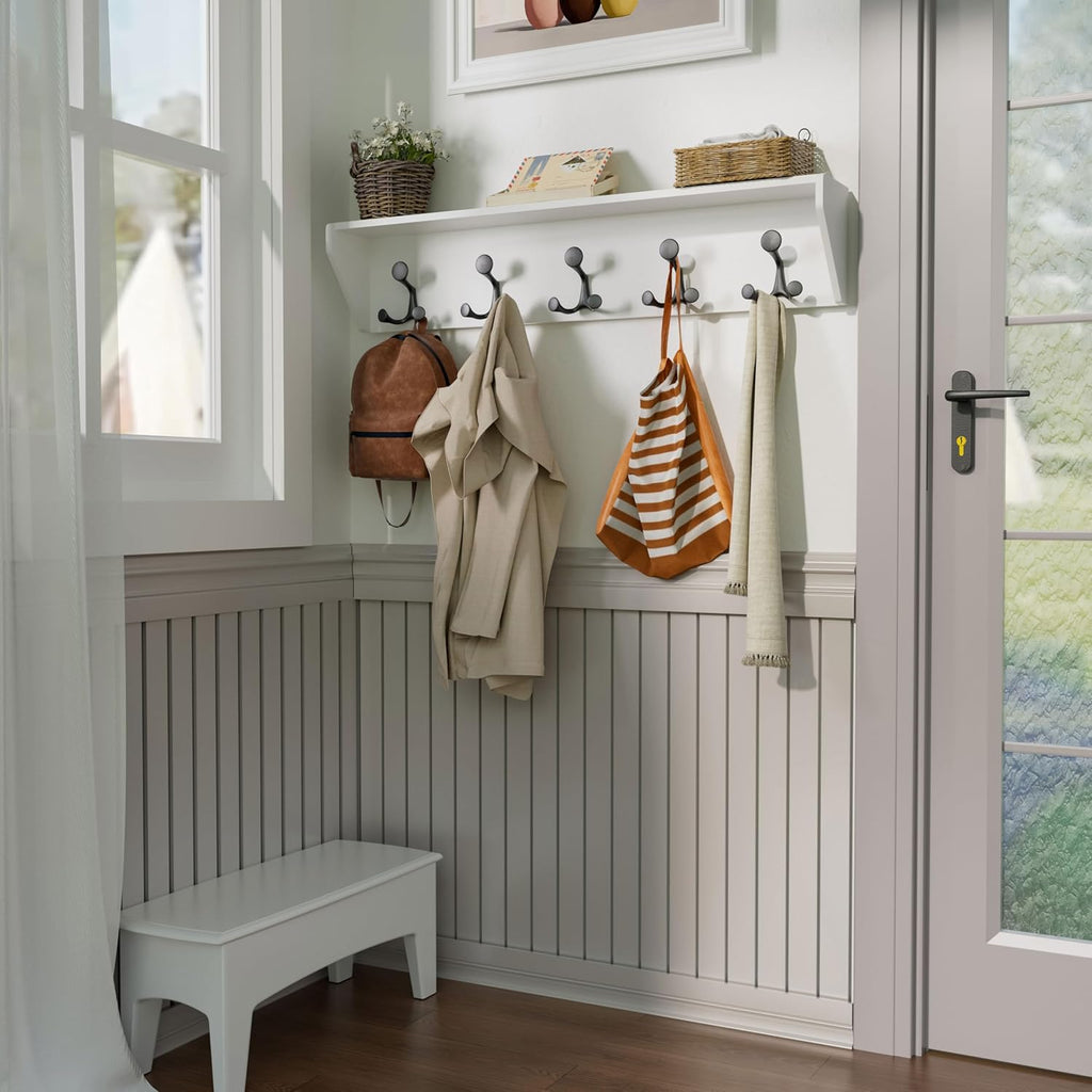 SKOLOO Wall Shelf with Hooks, 35-Inch White Coat Rack Wall Mount with Shelf Organizer - Lightweight & Sturdy, 5 Tri Hooks - Perfect for Entryway, Hallway, Living Room, Bedroom, Mudroom
