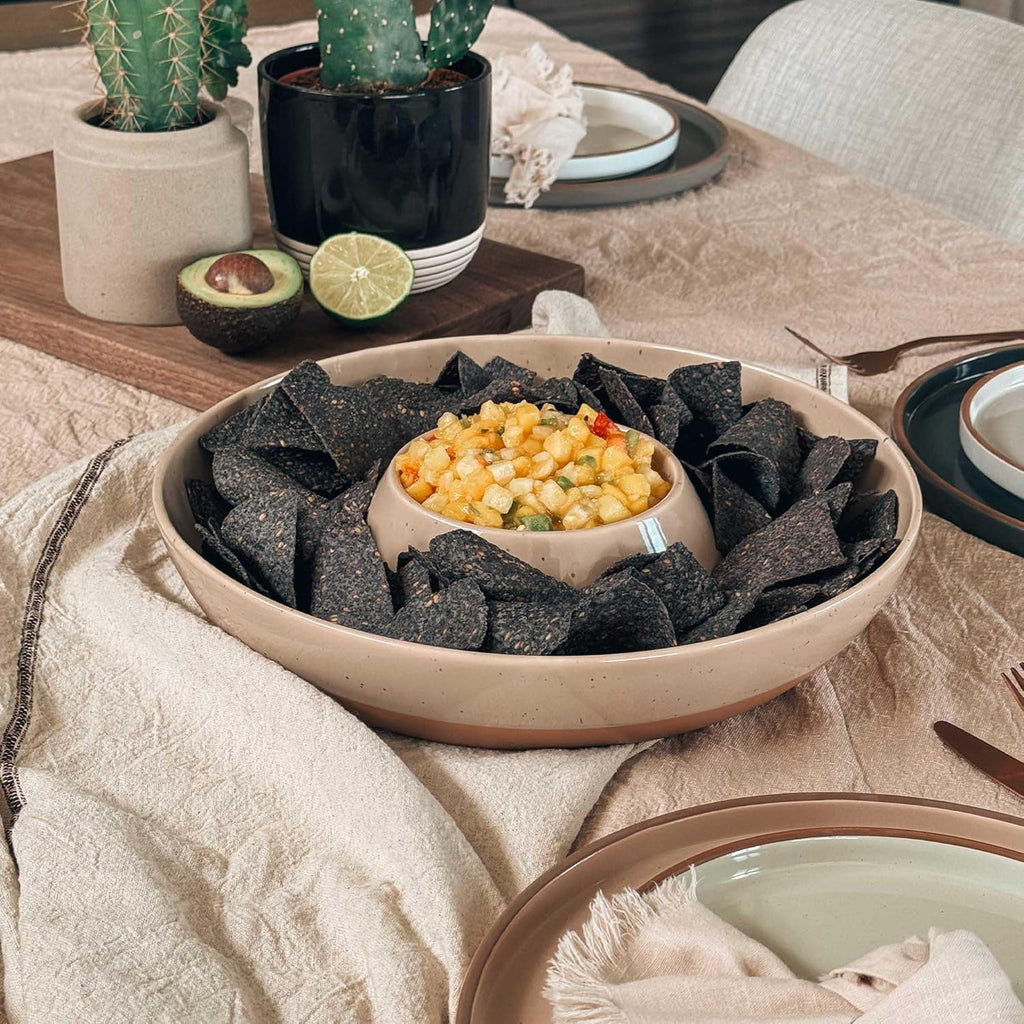 Mora Ceramic Chips and Dip Serving Tray: Large Divided Party Bowl Set for Chips & Salsa, Veggies & Dip, Fruit, Snacks, Entertaining, Hosting, etc. Minimalist Design for the Modern Hostess - Chai